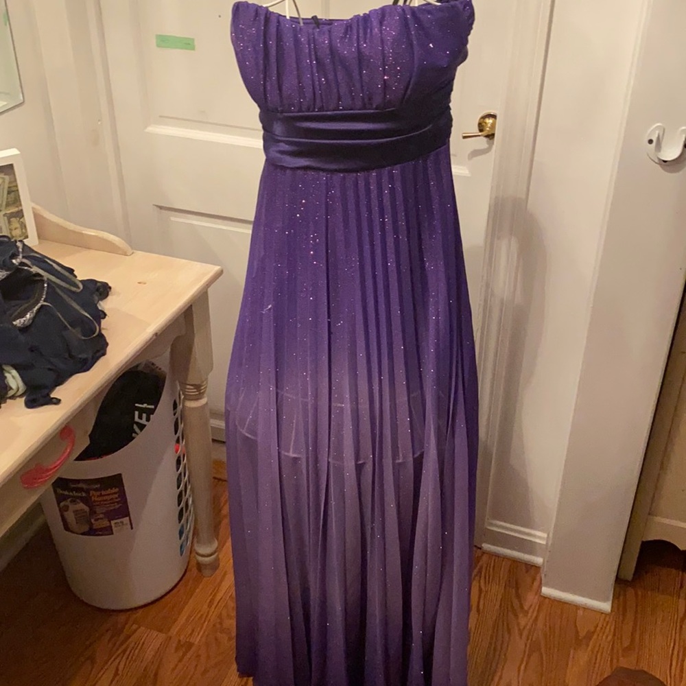 Sparkly purple. Long dress. Fancy.